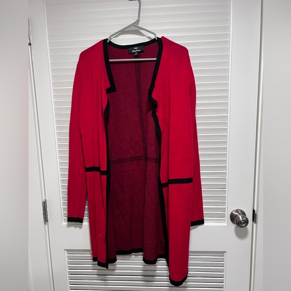 Dennis Basso Open Front Cardigan with Contrast Trim, Red Black, M - Picture 2 of 4